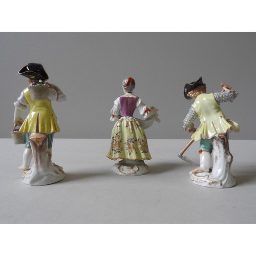 401 - FOUR 19TH CENTURY MEISSEN FIGURINES, a maiden picking flowers, a vine harvest figure and figure with... 