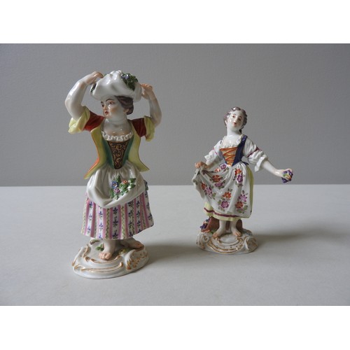 403 - TWO 19TH CENTURY MEISSEN FIGURINES, a maiden carrying floral bundle on her head and a maiden carryin... 