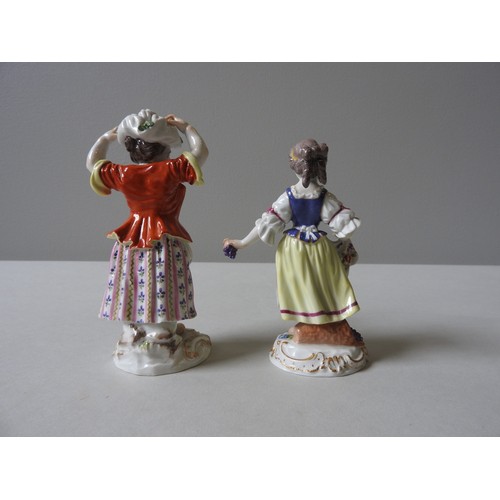 403 - TWO 19TH CENTURY MEISSEN FIGURINES, a maiden carrying floral bundle on her head and a maiden carryin... 