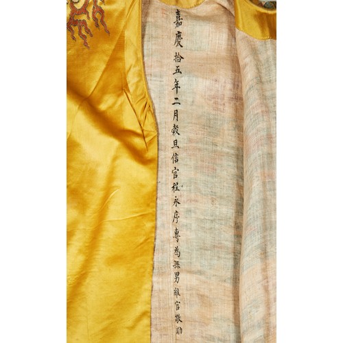 392A - YELLOW-SILK 'DRAGON' COURT ROBE, FOR A TEMPLE STATUEQING DYNASTY, 19TH CENTURYembroidered with five-... 