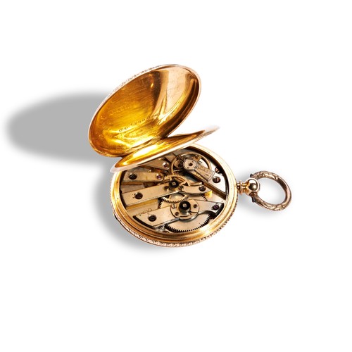 169 - A SWISS 18K GOLD HALF HUNTING CASED WATCH cylinder escapement, foliate engraved gold dial, the case ... 