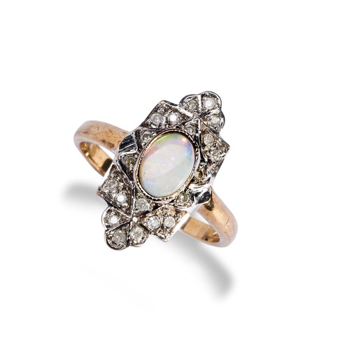 111 - AN OPAL AND DIAMOND ART DECO STYLE RING the central oval opal cabochon collet set over a plaque set ... 