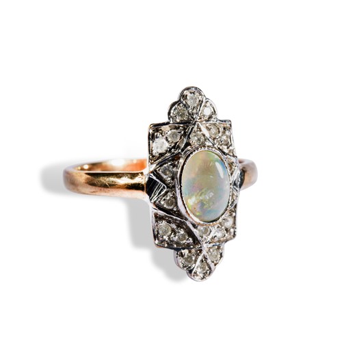 111 - AN OPAL AND DIAMOND ART DECO STYLE RING the central oval opal cabochon collet set over a plaque set ... 