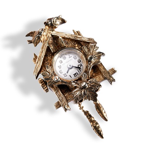 168 - AN UNUSUAL SILVER GILT NOVELTY CUCKOO CLOCK BROOCH WATCH17 jewel manually wound lever movement with ... 