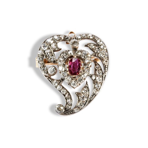 138 - A VICTORIAN RUBY AND DIAMOND SET WITCHES HEART BROOCH, CIRCA 1880 the central oval mixed-cut eight c... 