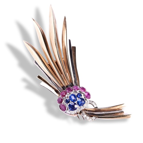 117 - A RUBY, SAPPHIRE, AND DIAMOND SPRAY BROOCH, CIRCA 1940  of elaborate spray design of two tone gold, ... 