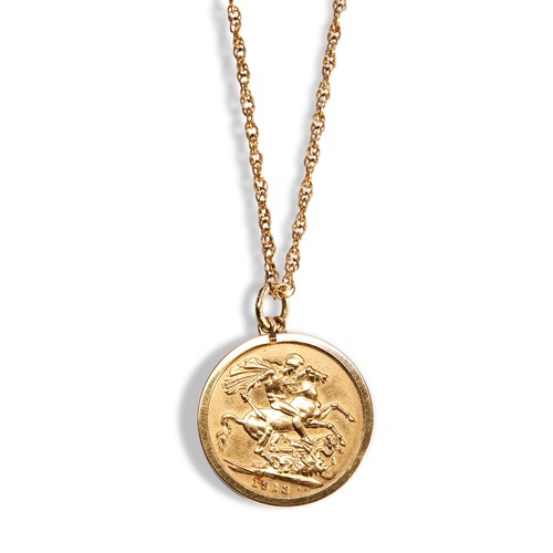 158 - A GEORGE V SOVEREIGNdated 1913, on 9ct gold chain.Weight 22ct 4gms, 9ct 8gms