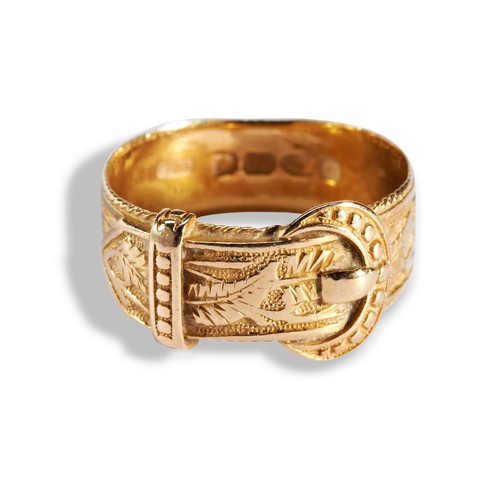 3 - A VICTORIAN 18CT GOLD BUCKLE RING, 1850 the wide band decorated with trailing ivy leaf decoration to... 