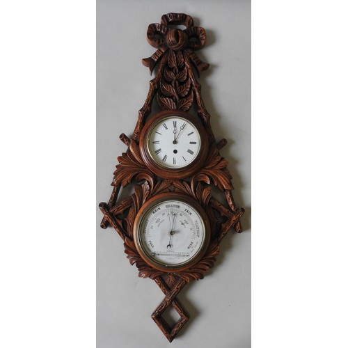 182 - A 19TH CENTURY WALL MOUNTED CLOCK / BAROMETER, in an unusual lozenge shaped mahogany case, ornately ... 