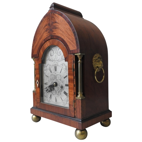 183 - A LATE 19TH CENTURY DOUBLE FUSEE BRACKET CLOCK, in a cross banded mahogany arch case, with foliate e... 