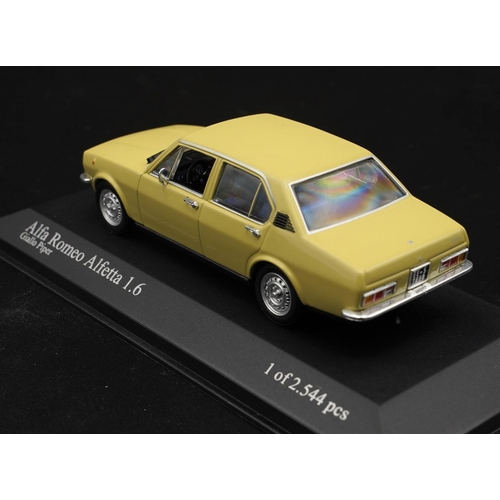 104 - 1975 ALFA-ROMEO ALFETTA 1.6 IN YELLOW BY MINICHAMPS  Diecast metal with plastic components.