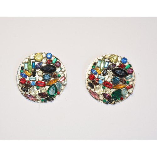 215 - A PAIR OF VERY LARGE BUTLER AND WILSON CIRCULAR MULTI COLOURED STONE CLIP EARRINGSset with a variety... 