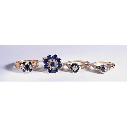 236 - FOUR BLUE AND WHITE STONE CLUSTER RINGSA synthetic sapphire and diamond cluster ring, the central cl... 