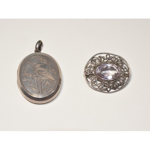 258 - A VICTORIAN LOCKET & ARTS & CRAFTS BROOCHA Victorian locket with engraved kingfisher design ... 