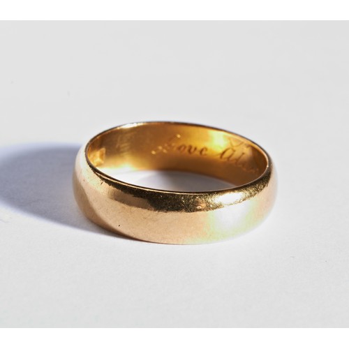 288 - A 22CT GOLD BANDthe inside being engraved 'Love Always Edward. Jol 4/7'Marked Birmingham, 22ct, 1961... 