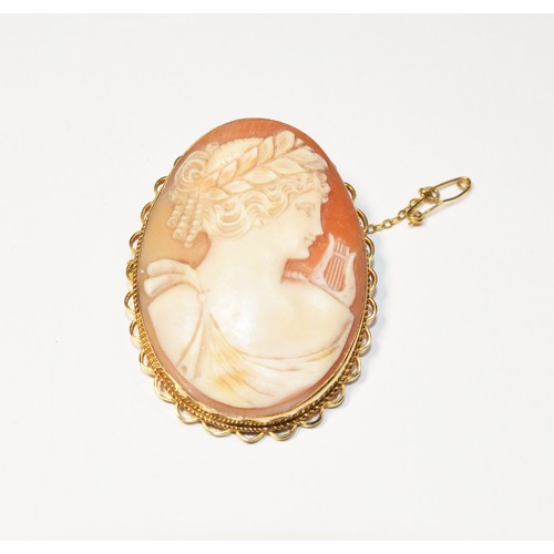 307 - A LATE VICTORIAN SHELL CAMEO BROOCH, depicting a classical female figure, set in a yellow gold mount... 