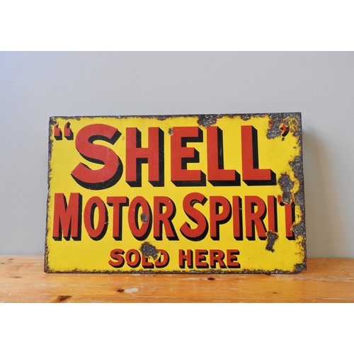21 - SHELL MOTOR SPIRIT ENAMEL SIGNDouble-sided, in yellow with red lettering and flange for wall-mountin... 