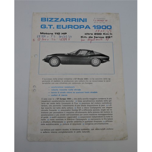 16 - DOUBLE SIDED BROCHURE FOR BIZZARRINI 1900 MODELSIssued by Bizzarrini S.p.A. In italian, A4 format, c... 