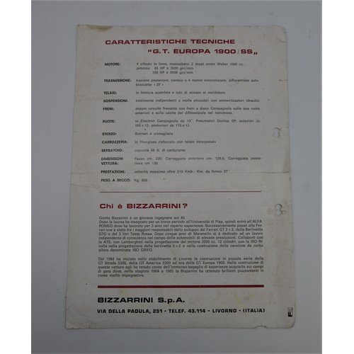16 - DOUBLE SIDED BROCHURE FOR BIZZARRINI 1900 MODELSIssued by Bizzarrini S.p.A. In italian, A4 format, c... 