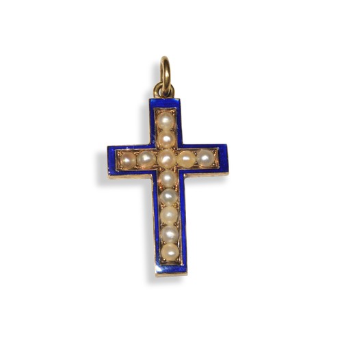 201 - A VICTORIAN PEARL AND ENAMEL CROSS PENDANT, CIRCA 1880 a cross set with half pearls and bordered by ... 