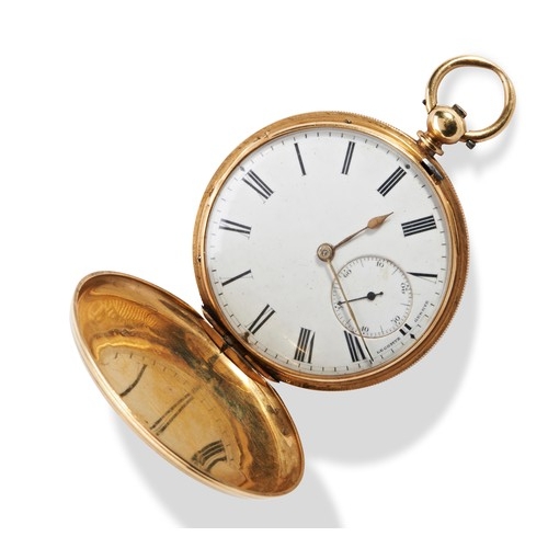 202 - A 19TH CENTURY 9CT CASED HUNTING POCKET WATCHsigned Le Comte Geneva. White enamel dial with roman nu... 