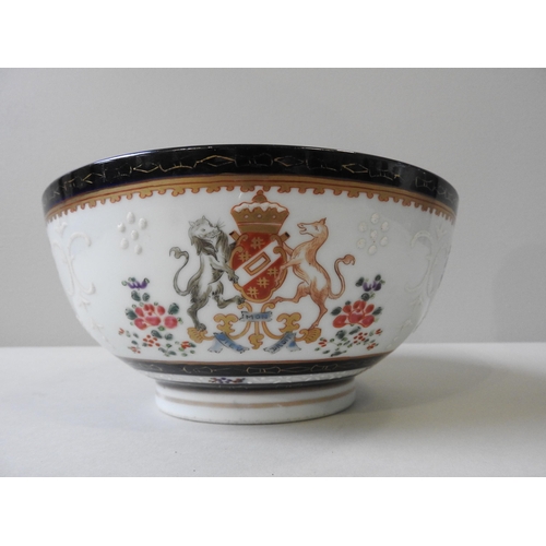 237 - A 19TH CENTURY SAMSON ARMORIAL BOWL, Chinese export style, decorated with heraldic crest, floral spr... 