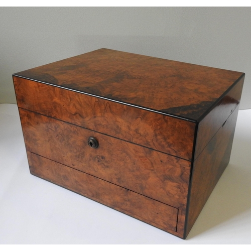 439 - A VICTORIAN BURR WALNUT VANITY BOX, with hinged lid, lift-out tray and spring loaded drawer, the int... 