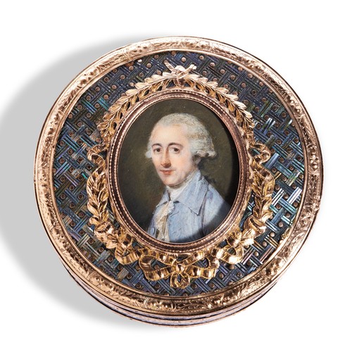 604 - AN 18TH CENTURY TORTOISESHELL MOTHER OF PEARL AND GOLD PORTRAIT BOXdepticting a man in white wig and... 