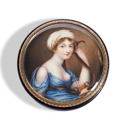 600 - A LATE 18TH CENTURY TORTOISESHELL AND GOLD PORTRAIT BOX DEPICTING A LADY WITH LYREpainted on ivory, ... 