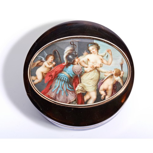 603 - AN 18TH CENTURY TORTOISESHELL AND GOLD BOX DEPICTING A MYTHICAL SCENEthe miniature being of a bare b... 