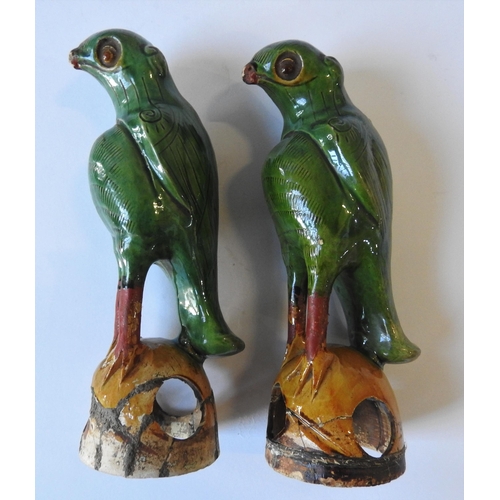 319 - A PAIR OF 19TH CENTURY CHINESE SANCAI GLAZED PARROT FIGURES, perched atop domed bases, 19.5 cm high