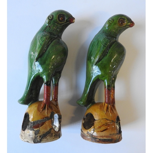 319 - A PAIR OF 19TH CENTURY CHINESE SANCAI GLAZED PARROT FIGURES, perched atop domed bases, 19.5 cm high