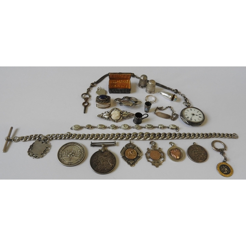 503 - A SILVER CASED FOB WATCH, SILVER ALBERT WATCH CHAIN AND FOBS, SECOND WORLD WAR SERVICE MEDAL AND A C... 