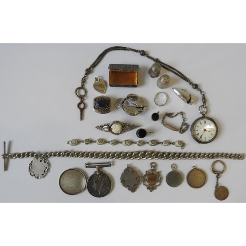 503 - A SILVER CASED FOB WATCH, SILVER ALBERT WATCH CHAIN AND FOBS, SECOND WORLD WAR SERVICE MEDAL AND A C... 