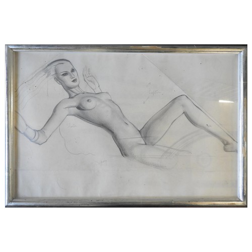 363 - MARJORIE J. DERRICOURT (act 1931-1934) FEMALE NUDE RECLINING, PENCIL SKETCH ON PAPER, with hand writ... 