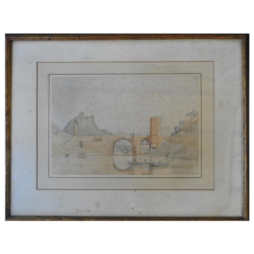 360 - WATERCOLOUR ON PAPER OF ALCANTARA BRIDGE, TOLEDO, artist unknown, circa 1920, illegible faint signat... 