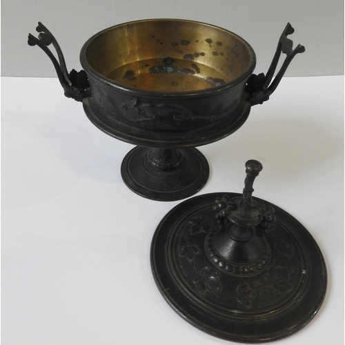 163 - FOUR 18TH / 19TH CENTURY BRONZE MORTARS WITH PESTLES AND A COVERED CAST METAL POT ON STAND, the pot ... 