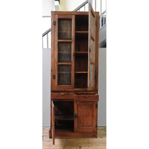 77 - A RUSTIC RECLAIMED PINE KITCHEN CUPBOARD, two mesh panelled doors enclosing three interior shelves, ... 