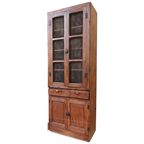 77 - A RUSTIC RECLAIMED PINE KITCHEN CUPBOARD, two mesh panelled doors enclosing three interior shelves, ... 