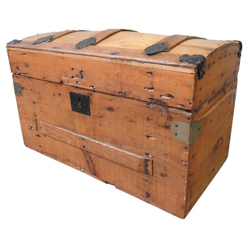 7 - A 19TH CENTURY PINE DOME TOP TRUNK, with metal corner mounts, 44 x 72 x 38 cm