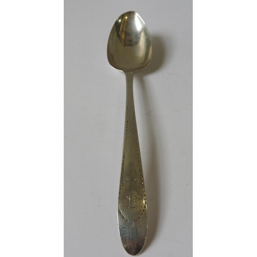 508 - A GEORGE III IRISH SILVER SERVING SPOON, bright cut decorated handle, mark of John Shields, Dublin, ... 