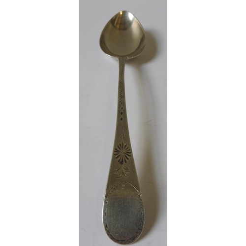 498 - A GEORGE III SILVER SERVING SPOON, with bright cut cartouche decorated handle, mark of Robert Ferris... 