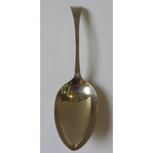 498 - A GEORGE III SILVER SERVING SPOON, with bright cut cartouche decorated handle, mark of Robert Ferris... 