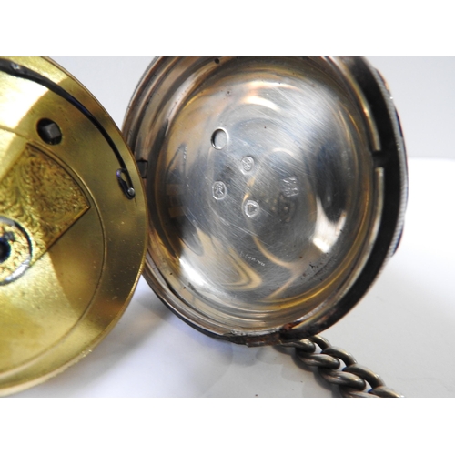 471 - TWO 19TH CENTURY SILVER CASED POCKET WATCHES AND SILVER WATCH CHAIN, the larger pocket watch with a ... 