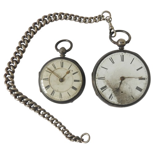 471 - TWO 19TH CENTURY SILVER CASED POCKET WATCHES AND SILVER WATCH CHAIN, the larger pocket watch with a ... 