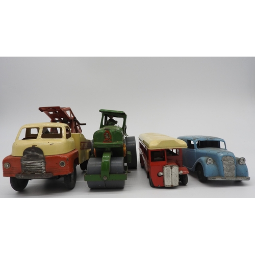 294 - THREE VINTAGE TRIANG MINIC TINPLATE FRICTION TOYS; STEAM ROLLER, BREAKDOWN TRUCK AND BUS, along with... 