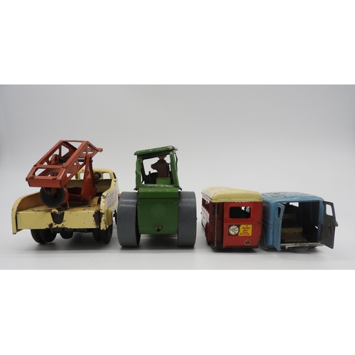 294 - THREE VINTAGE TRIANG MINIC TINPLATE FRICTION TOYS; STEAM ROLLER, BREAKDOWN TRUCK AND BUS, along with... 