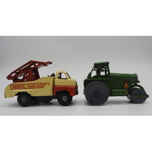 294 - THREE VINTAGE TRIANG MINIC TINPLATE FRICTION TOYS; STEAM ROLLER, BREAKDOWN TRUCK AND BUS, along with... 