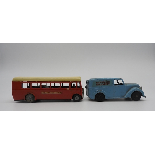 294 - THREE VINTAGE TRIANG MINIC TINPLATE FRICTION TOYS; STEAM ROLLER, BREAKDOWN TRUCK AND BUS, along with... 