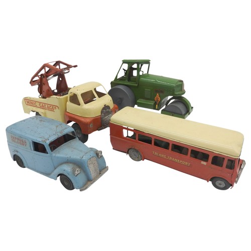 294 - THREE VINTAGE TRIANG MINIC TINPLATE FRICTION TOYS; STEAM ROLLER, BREAKDOWN TRUCK AND BUS, along with... 